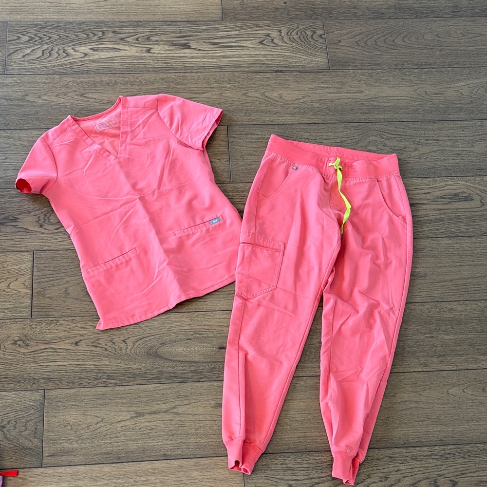 FIGS Coral Pink Scrub Top and Jogger Set with Neon Drawstring